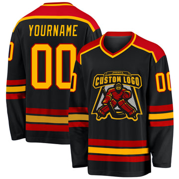 Custom Black Gold-Red Hockey Jersey