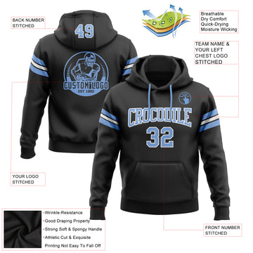 Custom Stitched Black Light Blue-White Football Pullover Sweatshirt Hoodie