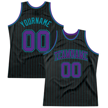 Custom Black Teal Pinstripe Purple-Teal Authentic Basketball Jersey