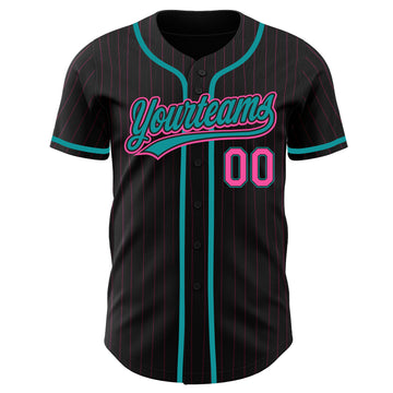 Custom Black Pink Pinstripe Pink-Teal Authentic Baseball Jersey