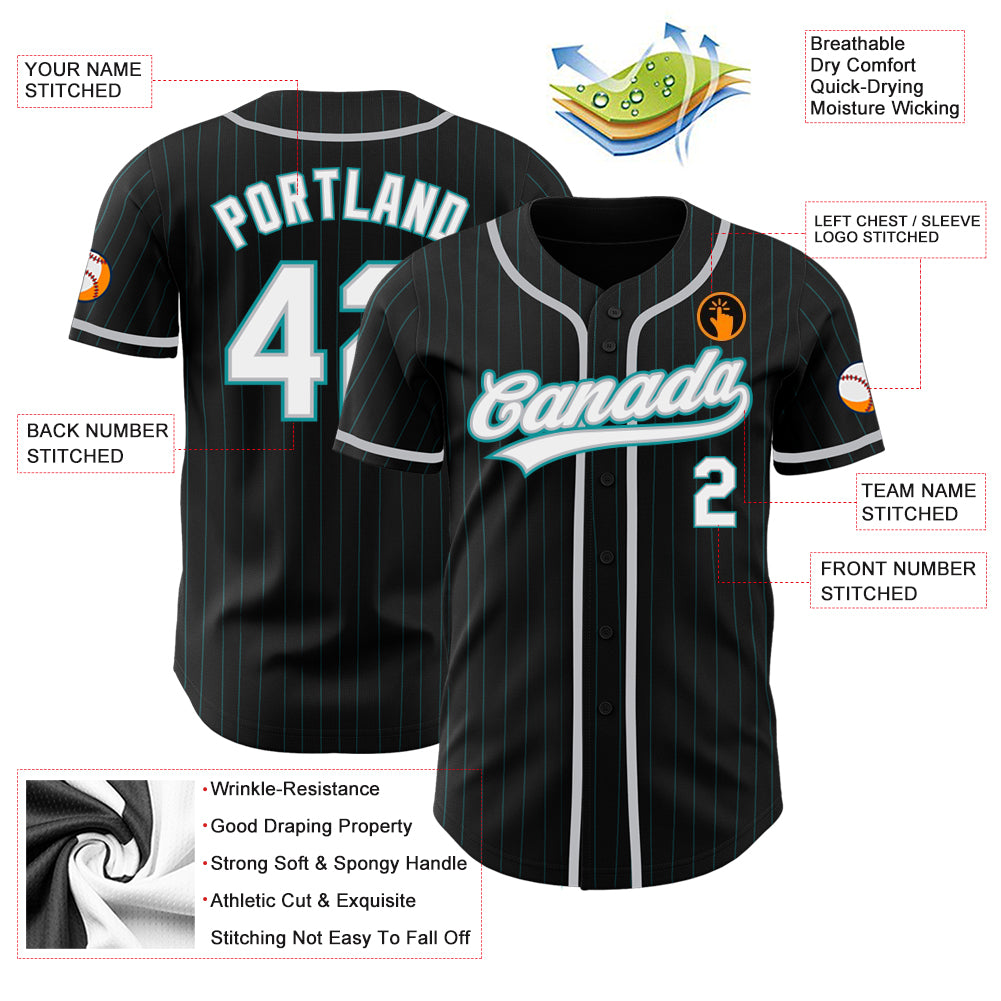 Custom Black Teal Pinstripe White-Gray Authentic Baseball Jersey Discount