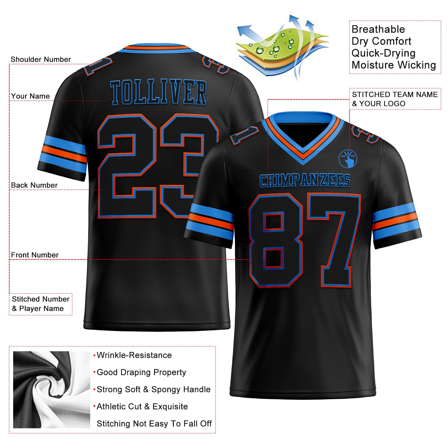 Custom Electric Blue Orange-Black Mesh Authentic Football Jersey Sale –  UKSN INC