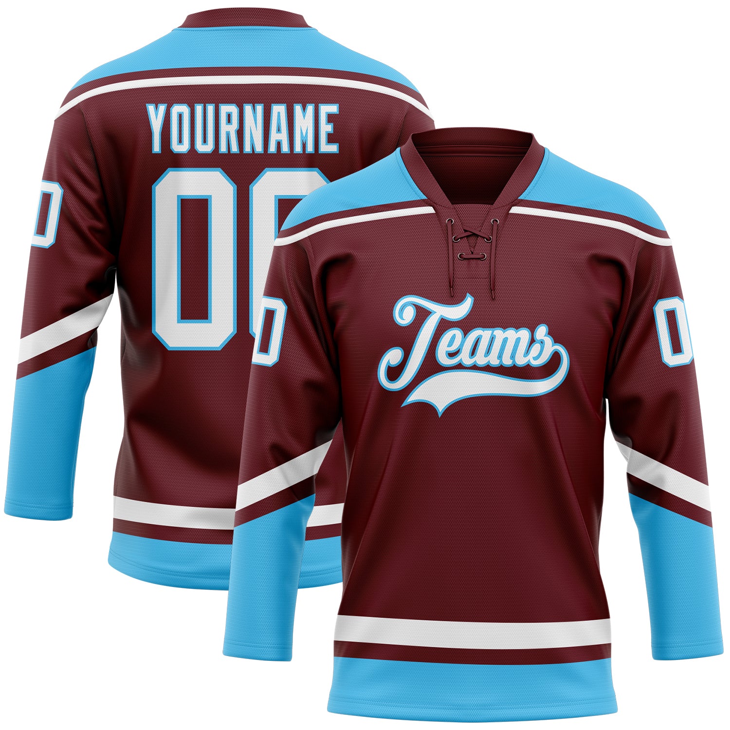 Custom Burgundy White-Sky Blue Hockey Lace Neck Jersey Discount