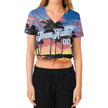 Custom Women's Light Blue White-Light Blue Hawaii Palm Trees 3D V-Neck Cropped Baseball Jersey