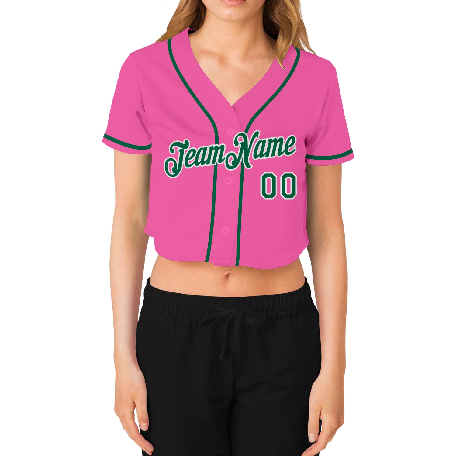 Cheap Custom Women's Pink Kelly Green-White V-Neck Cropped