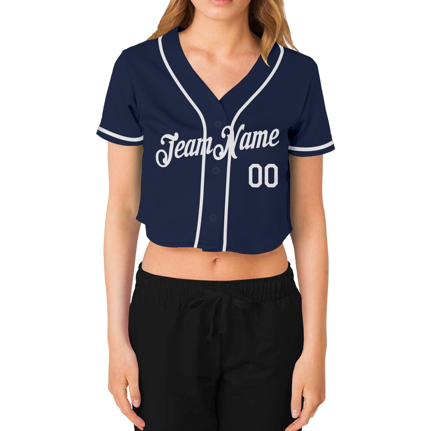 Cheap Custom Women's White Navy V-Neck Cropped Baseball Jersey