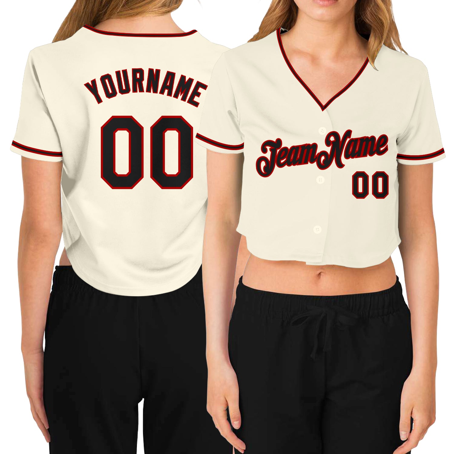 Custom Women's Cream Black-Red V-Neck Cropped Baseball Jersey Discount