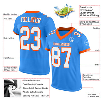 Custom Electric Blue White-Orange Mesh Authentic Football Jersey