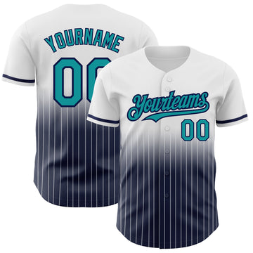 Custom White Pinstripe Teal-Navy Authentic Fade Fashion Baseball Jersey