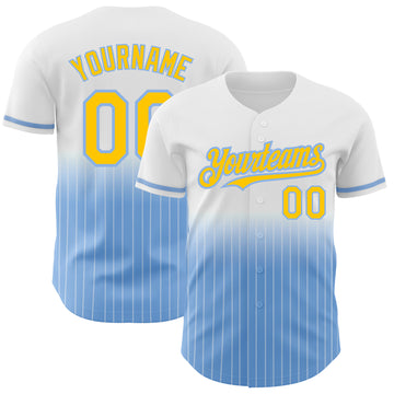 Custom White Pinstripe Yellow-Light Blue Authentic Fade Fashion Baseball Jersey