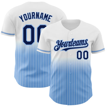 Custom White Pinstripe Navy-Light Blue Authentic Fade Fashion Baseball Jersey