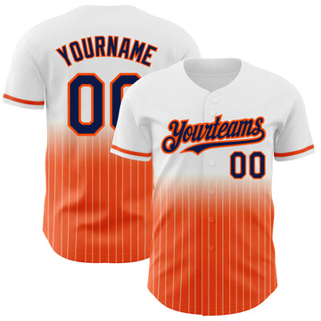 Custom White Pinstripe Navy-Orange Authentic Fade Fashion Baseball Jersey