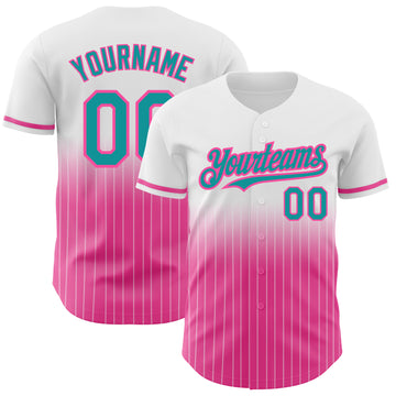 Custom White Pinstripe Teal-Pink Authentic Fade Fashion Baseball Jersey