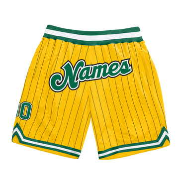 Custom Gold Black Pinstripe Kelly Green-White Authentic Basketball Shorts