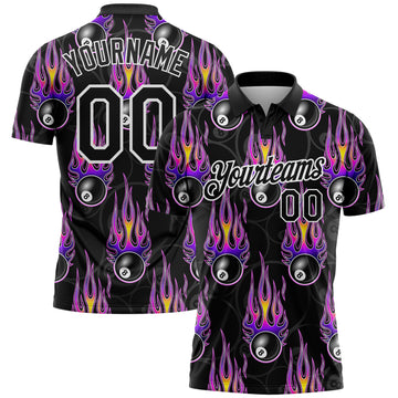 Custom Black White-Purple 3D Pattern Design Bowling Ball With Hotrod Flame Performance Polo Shirt
