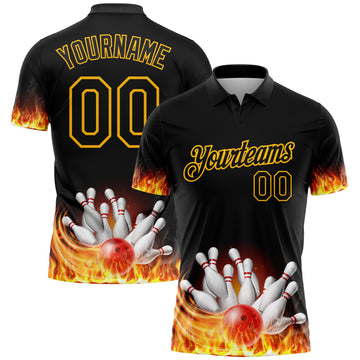 Custom Black Gold 3D Pattern Design Flame Bowling Performance Polo Shirt