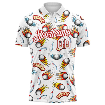 Custom White Red 3D Pattern Design Firely Bowling Performance Polo Shirt
