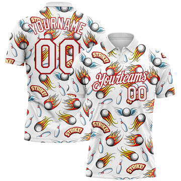 Custom White Red 3D Pattern Design Firely Bowling Performance Polo Shirt