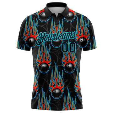 Custom Black Lakes Blue 3D Pattern Design Bowling Ball With Hotrod Flame Performance Polo Shirt