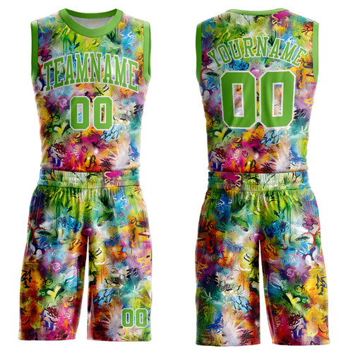 Custom Gold Green-White Round Neck Sublimation Basketball Suit