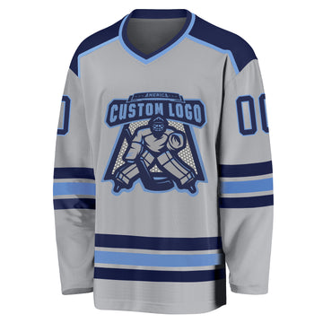 Custom Gray Navy-Light Blue Hockey Jersey