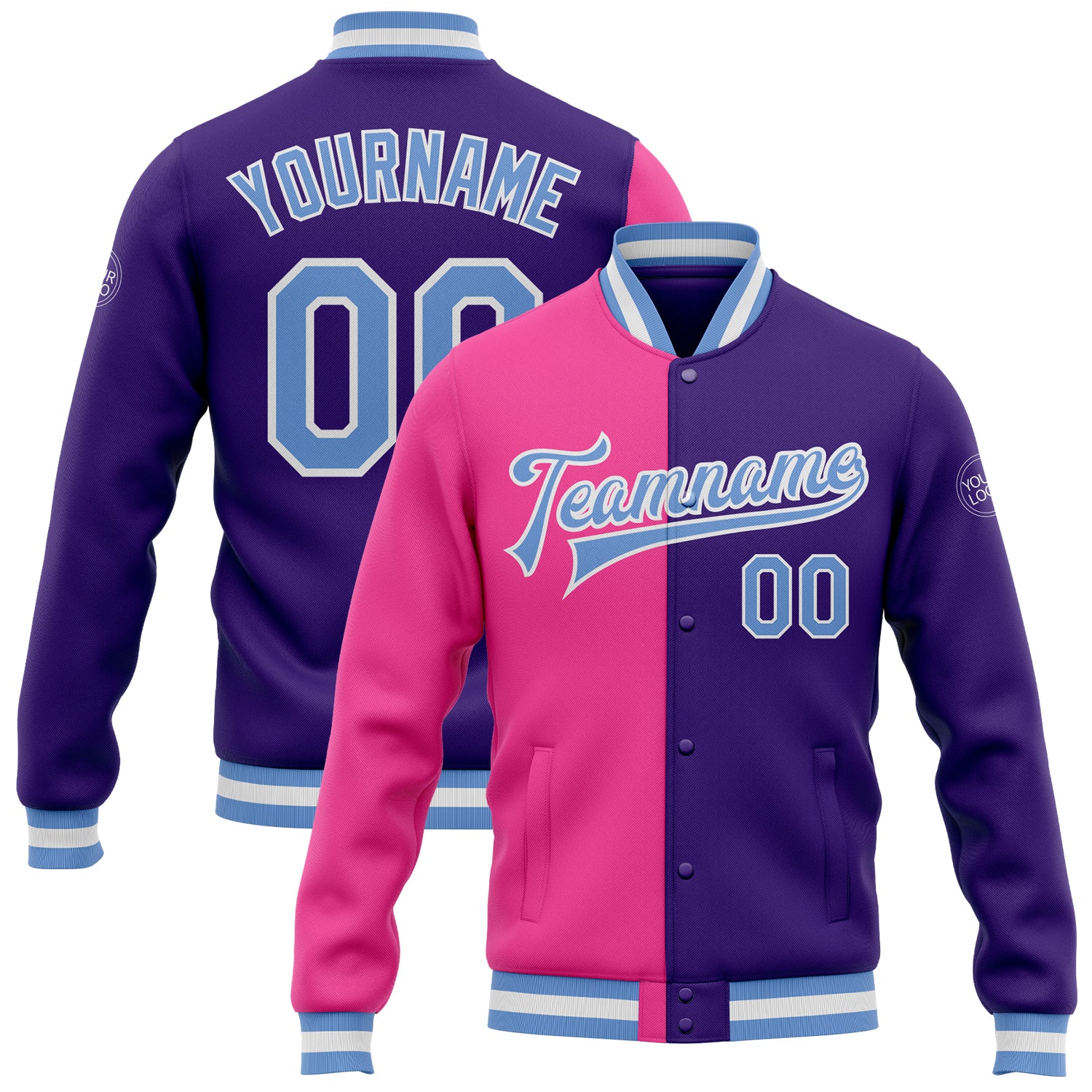 Cheap Custom Purple Light Blue Black-Pink Bomber Full-Snap Varsity