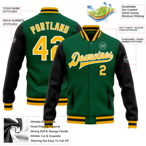 Custom Red Varsity Letterman Jacket Green-Gold Bomber Full-Snap