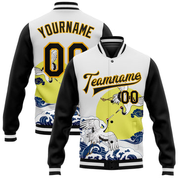 Custom White Black-Gold Heron And Wave 3D Pattern Design Bomber Full-Snap Varsity Letterman Jacket