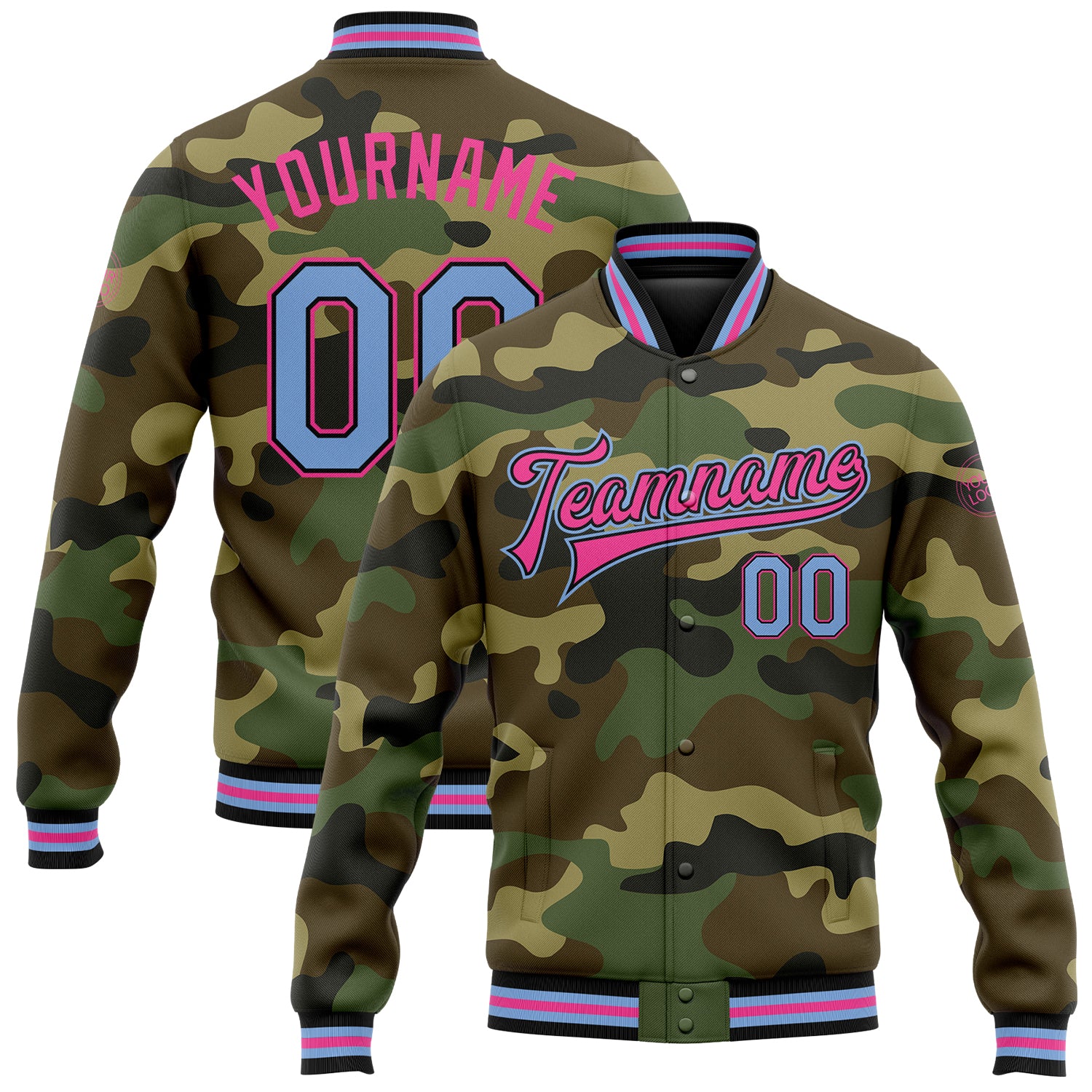 Cheap Custom Purple Light Blue Black-Pink Bomber Full-Snap Varsity