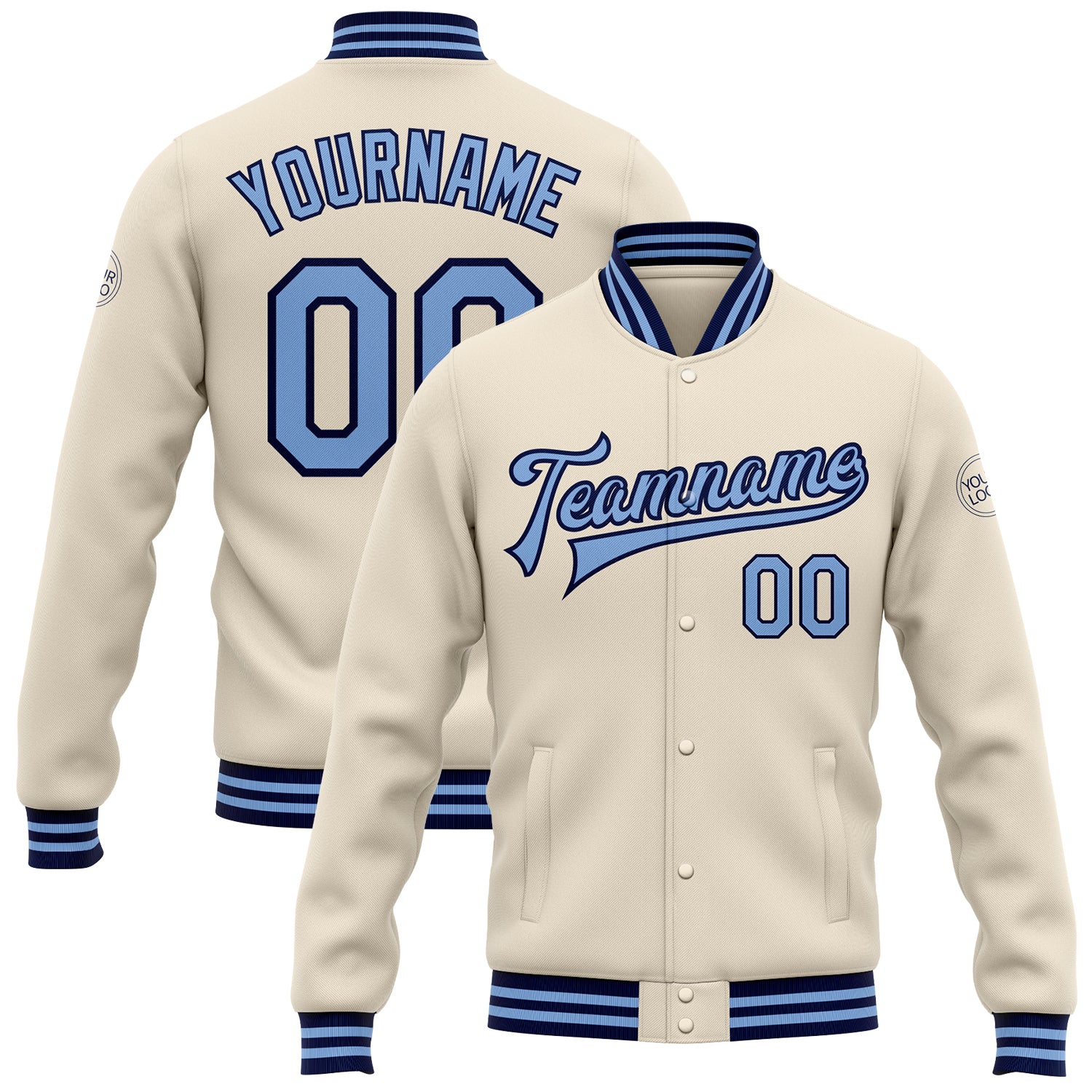 Custom Varsity Letterman Jacket White Black Pinstripe Light Blue Bomber Full-Snap Men's Size:L