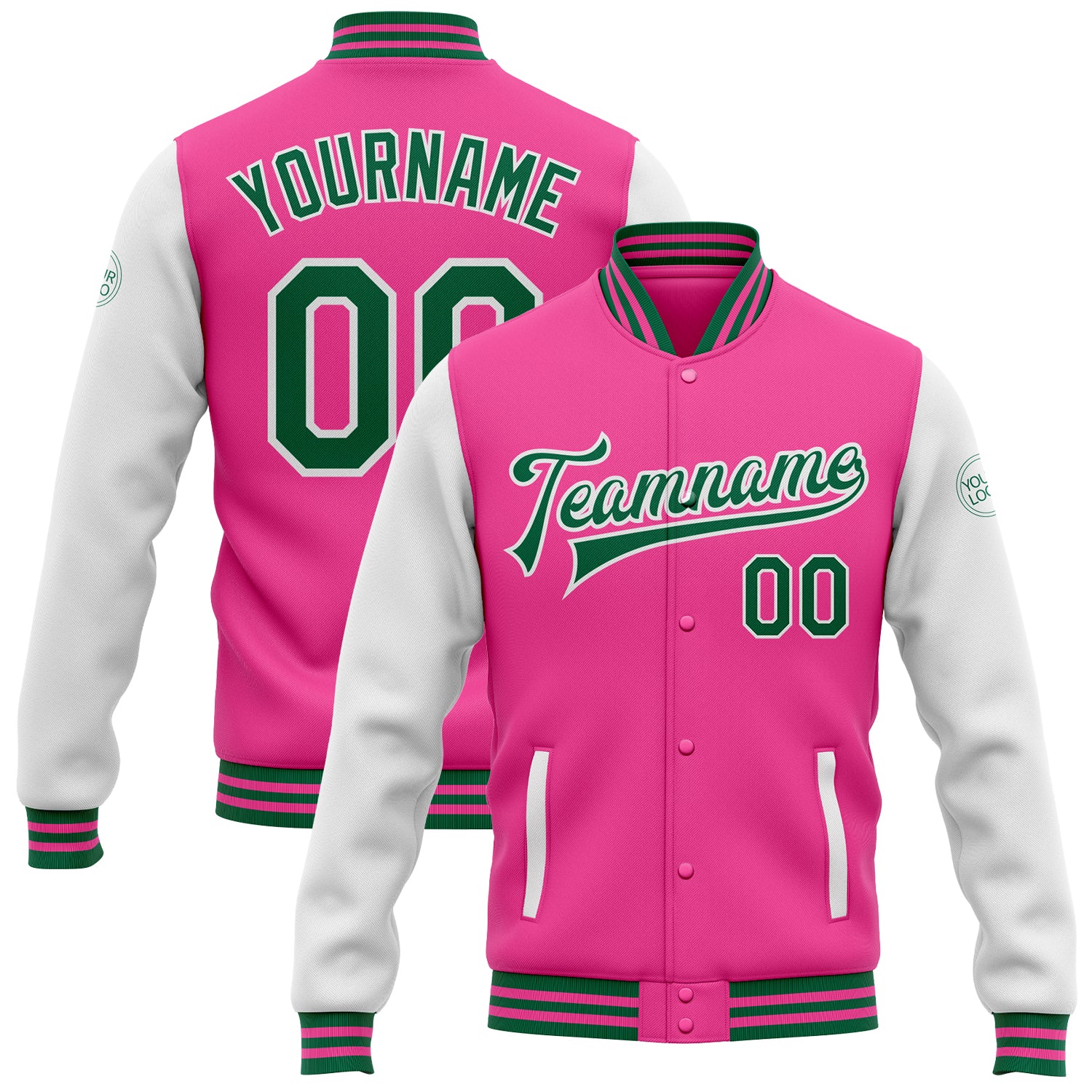 Cheap Custom Pink Teal-White Bomber Full-Snap Varsity Letterman