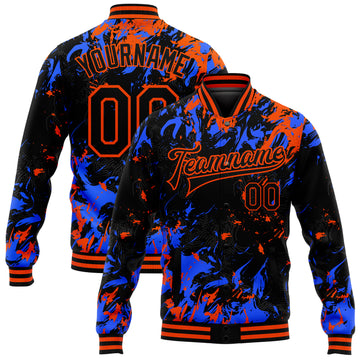 Custom Black Orange-Royal 3D Pattern Design Bomber Full-Snap Varsity Letterman Jacket