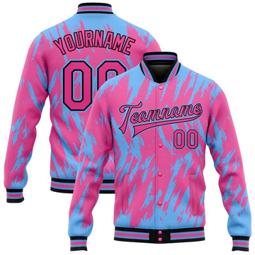 Custom Pink Light Blue-Black 3D Pattern Design Bomber Full-Snap Varsity Letterman Jacket