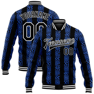 Custom Royal Black-White 3D Pattern Design Bomber Full-Snap Varsity Letterman Jacket