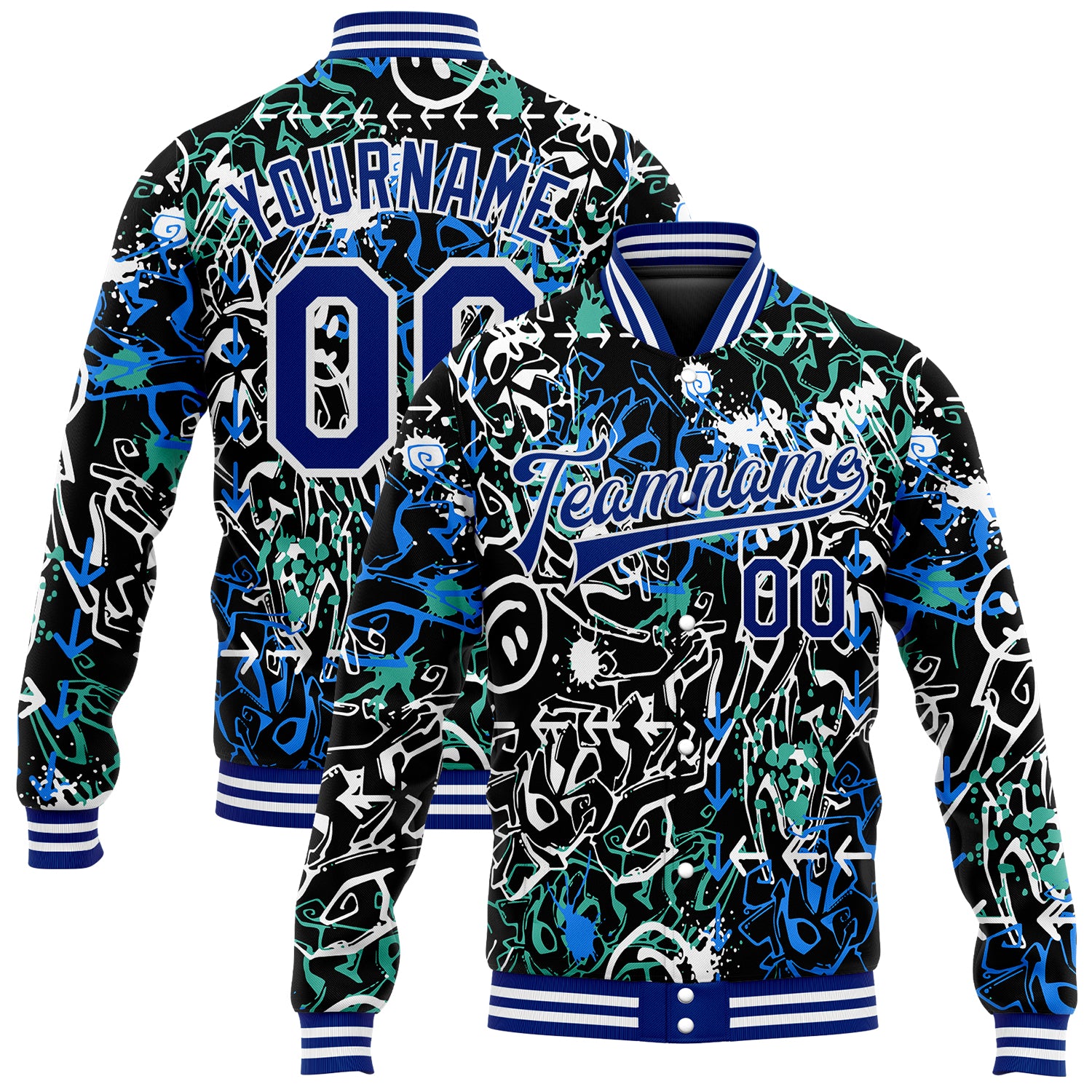 Custom Graffiti Pattern Varsity Letterman Jacket Royal-White