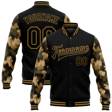 Custom Black Old Gold Camo Sleeves 3D Pattern Design Bomber Full-Snap Varsity Letterman Jacket