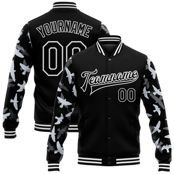 Custom Black White Flying Bird Sleeves 3D Pattern Design Bomber Full-Snap Varsity Letterman Jacket