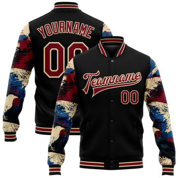 Custom Black Crimson-City Cream Crow Sleeves 3D Pattern Design Bomber Full-Snap Varsity Letterman Jacket