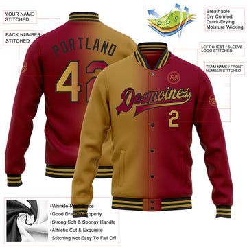 Custom Maroon Old Gold-Black Bomber Full-Snap Varsity Letterman Gradient Fashion Jacket