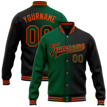 Custom Black Kelly Green-Orange Bomber Full-Snap Varsity Letterman Gradient Fashion Jacket