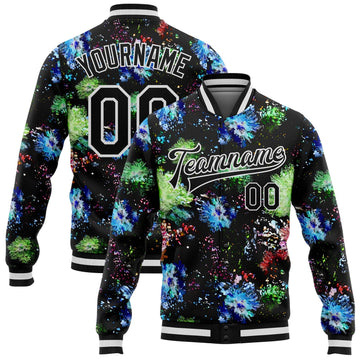 Custom Black White Glitter Bloom 3D Pattern Design Bomber Full-Snap Varsity Letterman Jacket