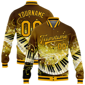 Custom Brown Gold-Black Piano Music Festival 3D Pattern Design Bomber Full-Snap Varsity Letterman Jacket