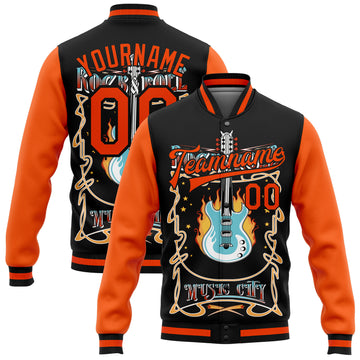 Custom Black Orange Vintage Rock Roll Music Festival 3D Pattern Design Bomber Full-Snap Varsity Letterman Jacket