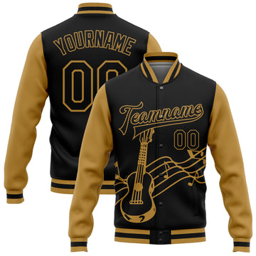 Custom Black Old Gold Guitar Music Festival 3D Pattern Design Bomber Full-Snap Varsity Letterman Jacket