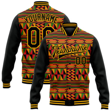 Custom Black Gold Red-Kelly Green Black History Month 3D Pattern Design Bomber Full-Snap Varsity Letterman Jacket