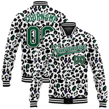 Custom White Kelly Green-Black Bright Leopard Print 3D Pattern Design Bomber Full-Snap Varsity Letterman Jacket