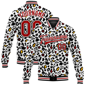 Custom White Red-Black Bright Leopard Print 3D Pattern Design Bomber Full-Snap Varsity Letterman Jacket