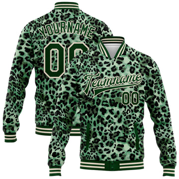 Custom Green City Cream Leopard Print 3D Pattern Design Bomber Full-Snap Varsity Letterman Jacket