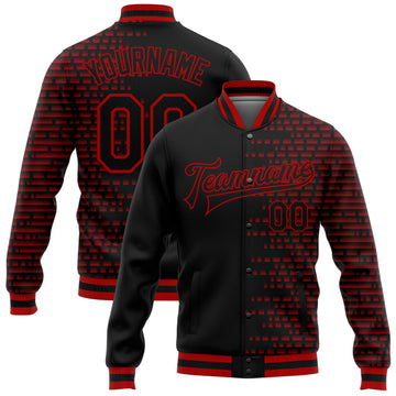 Custom Black Red Halftone 3D Pattern Design Bomber Full-Snap Varsity Letterman Jacket