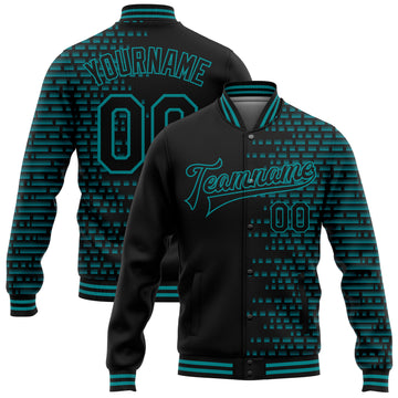 Custom Black Teal Halftone 3D Pattern Design Bomber Full-Snap Varsity Letterman Jacket